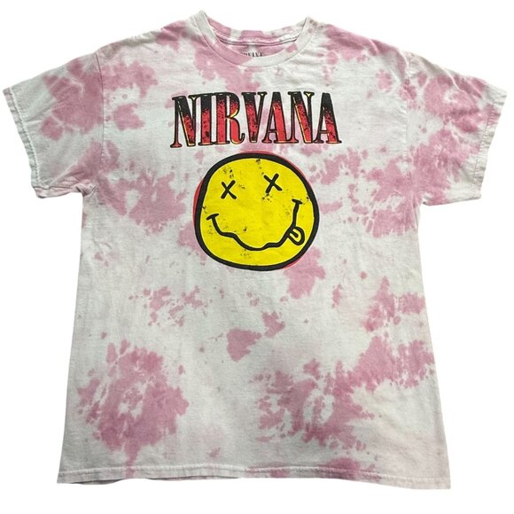 NIRVANA Tops - Nirvana T-Shirt Womens L Smiley Graphic Pink Yellow Tie Dye Retro Grunge Band